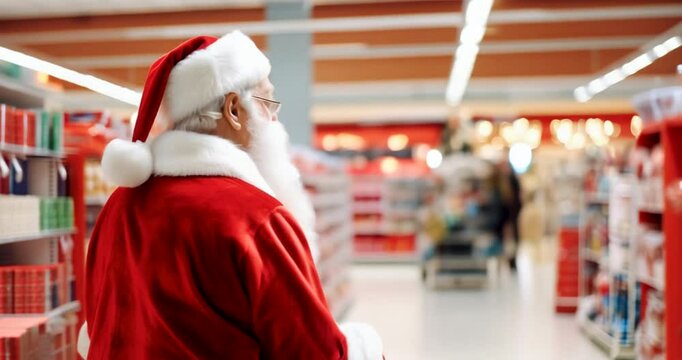 santa claus in supermarket looking for christmas gifts