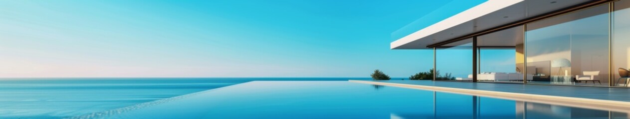Fototapeta premium Luxurious Villa with Infinity Pool Overlooking the Ocean, Capturing Abstract Wealth Concept. Stunning Wallpaper Ideal for Summer Vacation, Retirement, Leisure, and Holiday Bestsellers. Abstract Paradi
