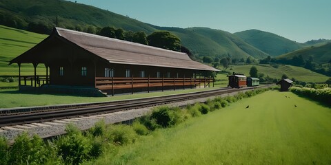 A tranquil rural railway station with a traditional wooden building, surrounded by lush green fields and rolling hills, under a clear sky with birds flying.