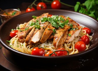 A plate of penne pasta with chicken and tomatoes garnished with fresh basil leaves.