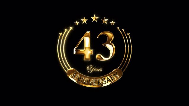 Happy 43rd Anniversary Celebration. Golden 43 Years Anniversary Animation in Gold Color on the Transparent Background, Alpha Channel. Great for greetings, celebrations, events, and gifts.