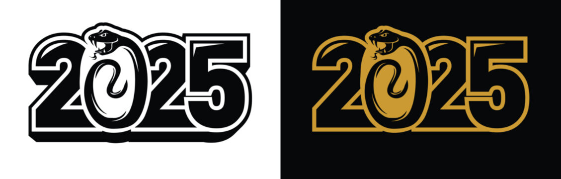 2025 Snake logo design. Chinese New Year 2025. Attacking snake from the number 2025. Monochrome editable vector on transparent and black background