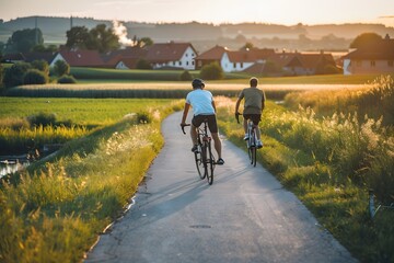 Obraz premium cyclists enjoying a peaceful ride through a picturesque countryside landscape