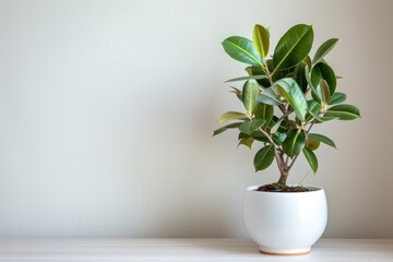 Fototapeta premium A rubber plant with vibrant green leaves sits in a sleek white pot on an elegant surface, showcasing a modern and minimalist approach to indoor plant decoration with natural aesthetics