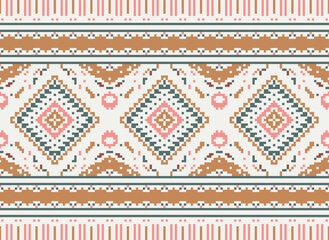 flower embroidery on cream background. ikat and cross stitch geometric seamless pattern ethnic oriental traditional. Aztec style illustration design for carpet, wallpaper, clothing, wrapping, batik.