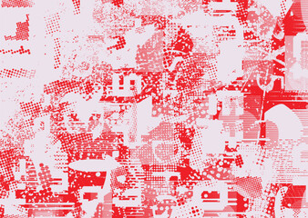 Glitch distorted grungy abstract forms . Cyber punk seamless pattern texture. Halftone dots .Futuristic background . Glitched shapes with dots and lines .Screen print endless pattern texture