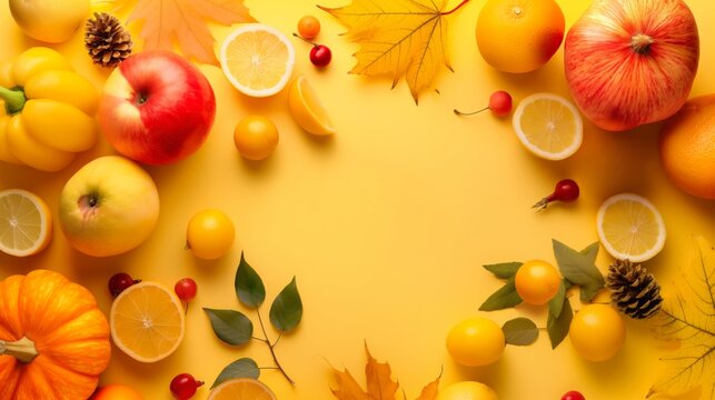 Autumn themed flat composition of fallen leaves, apples, pumpkins and citrus fruits on a yellow background. Ideal for Thanksgiving or seasonal concepts with plenty of copy space for an additional desi