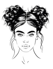 young woman with messy double buns