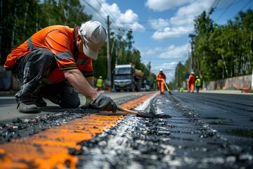 Road Construction Workers Painting Freshly Paved Road