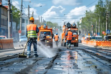 Road Construction Workers Resurfacing Urban Street on a Sunny Day