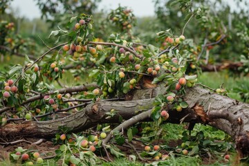 A fallen apple tree with ripe apples scattered on the ground, surrounded by green grass, signifying damage perhaps due to a storm or strong winds