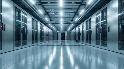 Obraz premium Data center, grey colors, a high-tech server room in a data center. Generative AI.