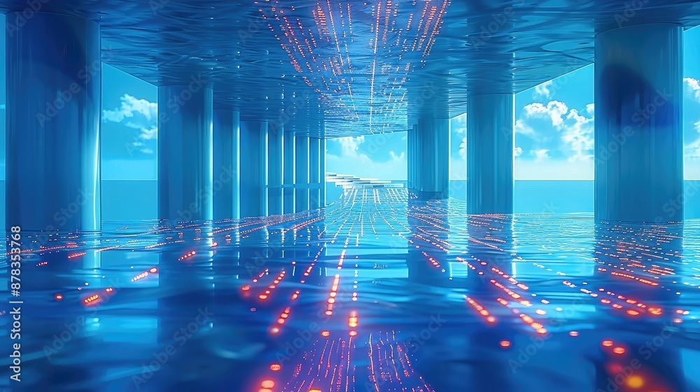 Aufkleber Stereoscopic data chart, visual data screen, data table, Visual data design, Technical style, blue and white color scheme, blue background, Surreal. Generative AI.