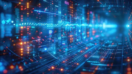 Stereoscopic data chart, visual data screen, data table, Visual data design, Technical style, blue and white color scheme, blue background, Surreal. Generative AI.