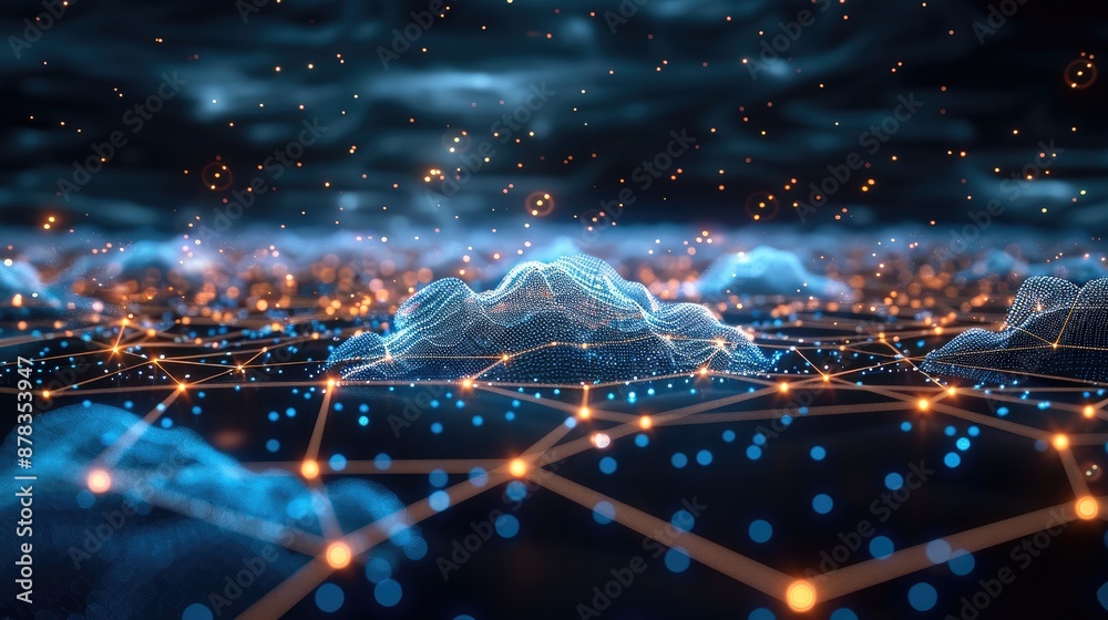Leinwandbilder A three-dimensional digital network with interconnected data points and lines. Dark background with glowing lines representing connections. Symbolic icons for different technologies and tools.