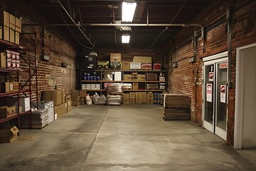 Organized Warehouse Storage with Brick Walls and Shelving Units