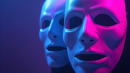 Two white masks illuminated by pink and blue neon lights, creating a mysterious and surreal atmosphere in a low light setting.