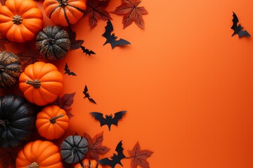 Dark Halloween theme with pumpkins, black bats, and autumn leaves on an orange backdrop