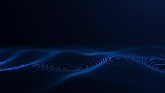 Digital blue waves. Linear sea. Looping graphic landscape, typographic map. Wavy space. Sci-fi microworld. Focused gradient blue background. Data flow concept. Blue field glowing HUD. Blue background