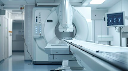 Modern X-ray machine in a radiology room, with control panel visible