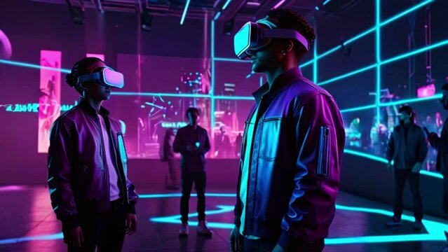 People wearing virtual reality headsets in a colorful virtual world.