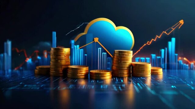 Stacks of gold coins with a blue cloud above them and graphs in the background.