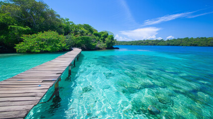 Explore a crystal-clear lagoon and wooden pier in a dense jungle oasis.