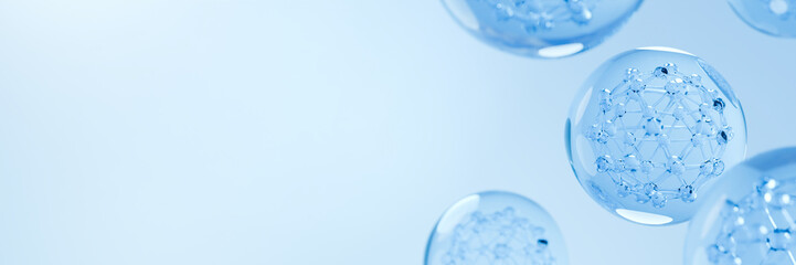 blue molecule on water drop, cosmetic serum concept