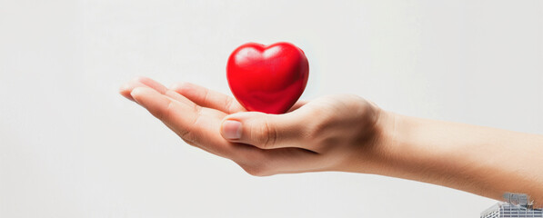 Open hand holding a red heart on a white background