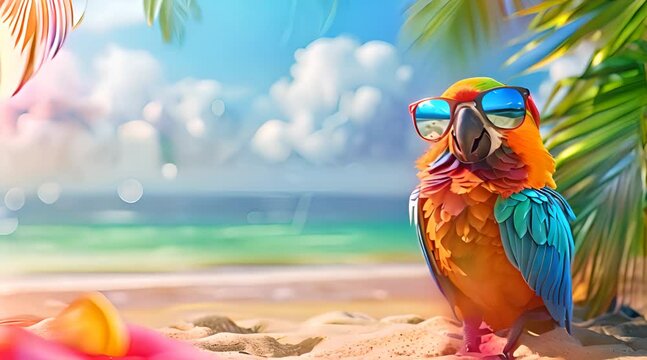 funny macaw wearing sunglasses with cocktail drink at beach, Generative Ai