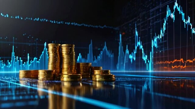 A glowing blue and orange graph of stock prices with gold coins stacked in front of it.