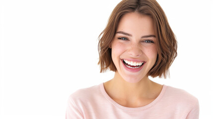 Fototapeta premium Cheerful female with bright smile wearing casual dress on white background.