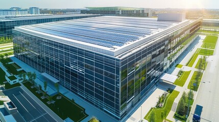 A huge data center building. modern clean futuristic architecture. glass and black metal facade details. large glass surfaces on the facade. there are solar panels covering the roof. Generative AI.