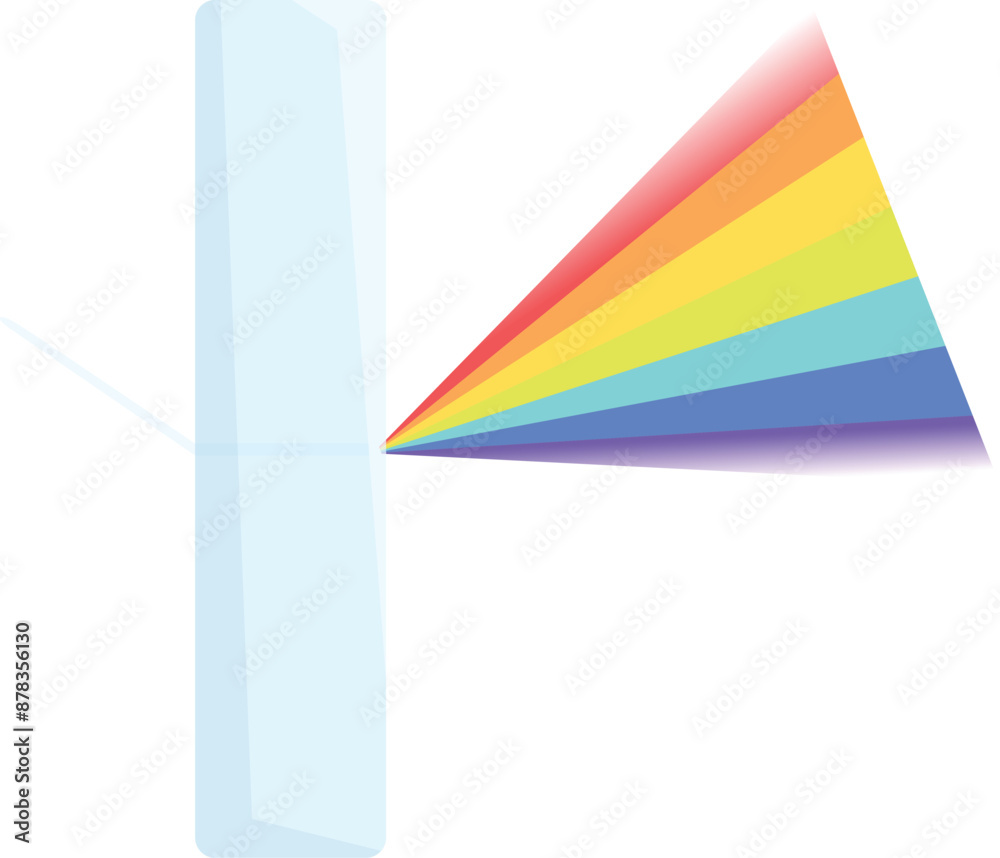 Poster illustration of a triangular prism refracting a beam of light creating a visible spectrum