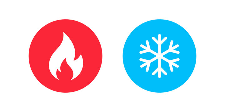 Hot and cold icon set. Heat and freeze vector illustration. Cool and warm temperature symbol. Red fire and blue snowflake sign. Climate control buttons.