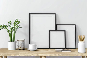 A minimalist desk setup showcasing three frames in various sizes, a potted plant, a white cup, a rustic mug, notebooks, pencils, and a pair of glasses in a modern style.
