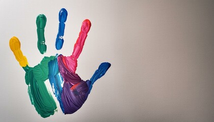 A colorful painted handprint on an empty white background with room for copy. The backdrop for art, education or kids programs. - Powered by Adobe