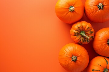 A collection of vibrant orange pumpkins arranged on an orange background