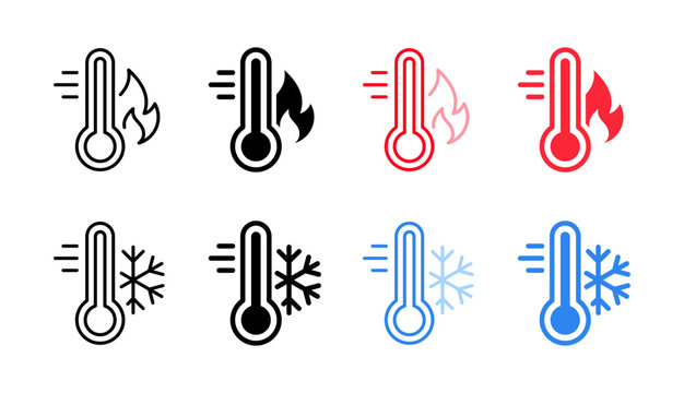 Hot and cold temperature icon set. Thermometer with snowflake and fire vector illustration. Warm and cool weather indicator. Winter and summer climate symbol. Thermometer temperature sign.