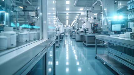 Obraz premium A futuristic pharmaceutical manufacturing floor. Show data flowing, wireless sensors on machines, and the cloud above. Generative AI.