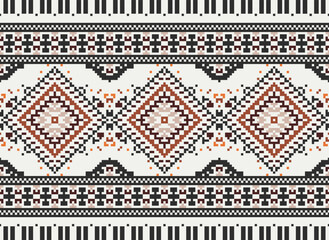 flower embroidery on cream background. ikat and cross stitch geometric seamless pattern ethnic oriental traditional. Aztec style illustration design for carpet, wallpaper, clothing, wrapping, batik.