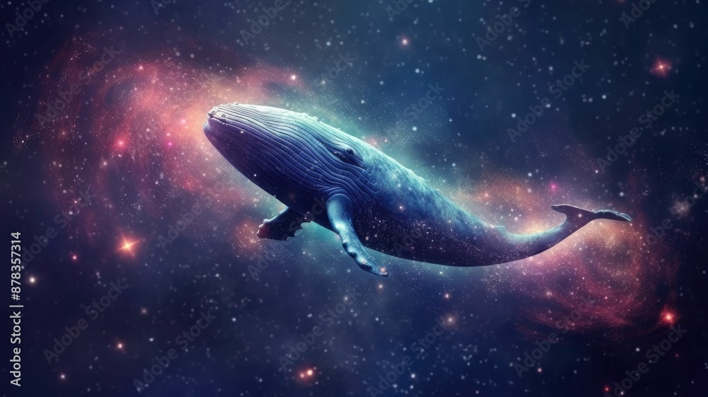 Wall mural surreal art design of a whale floating in space with a cosmic background and starry sky. digital art