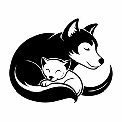 Black and White Illustration of a sleeping Dog and Cat Duo
