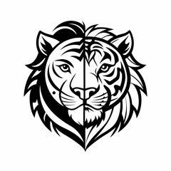  a symmetrical artistic illustration merging a lion's and tiger's faces, symbolizing strength and duality.