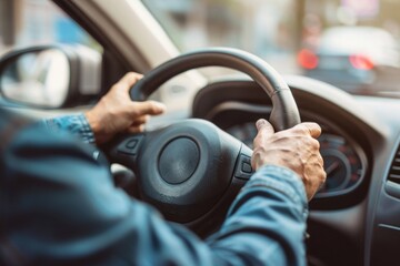 Close up young man driving on the road