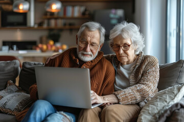 An elderly couple is sitting on a couch, attentively looking at a laptop, appearing focused and engaged in a modern, cozy home setting.