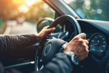 Close up young man driving on the road