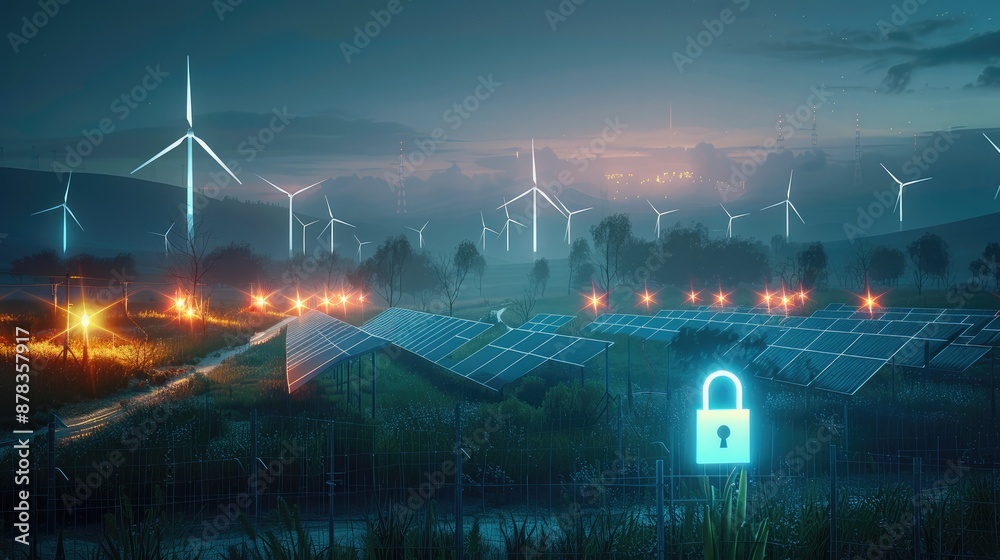 Aufkleber An empty grass field at night with solar panels and wind turbines with a blue 3d lock floating in the front center, unreal engine. Generative AI.