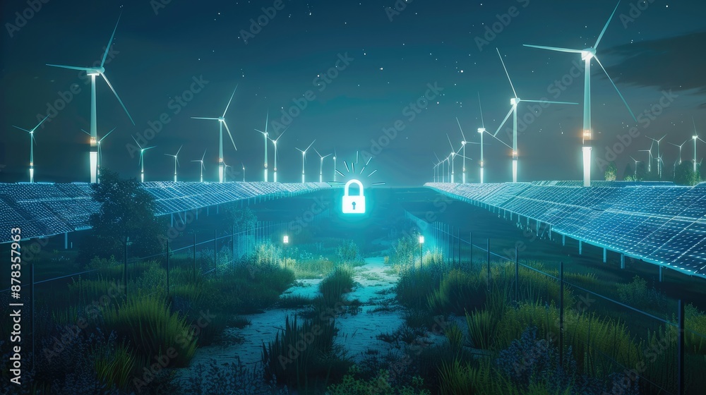 Poster An empty grass field at night with solar panels and wind turbines with a blue 3d lock floating in the front center, unreal engine. Generative AI.