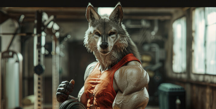 A man with a wolf mask on holding a dumbble